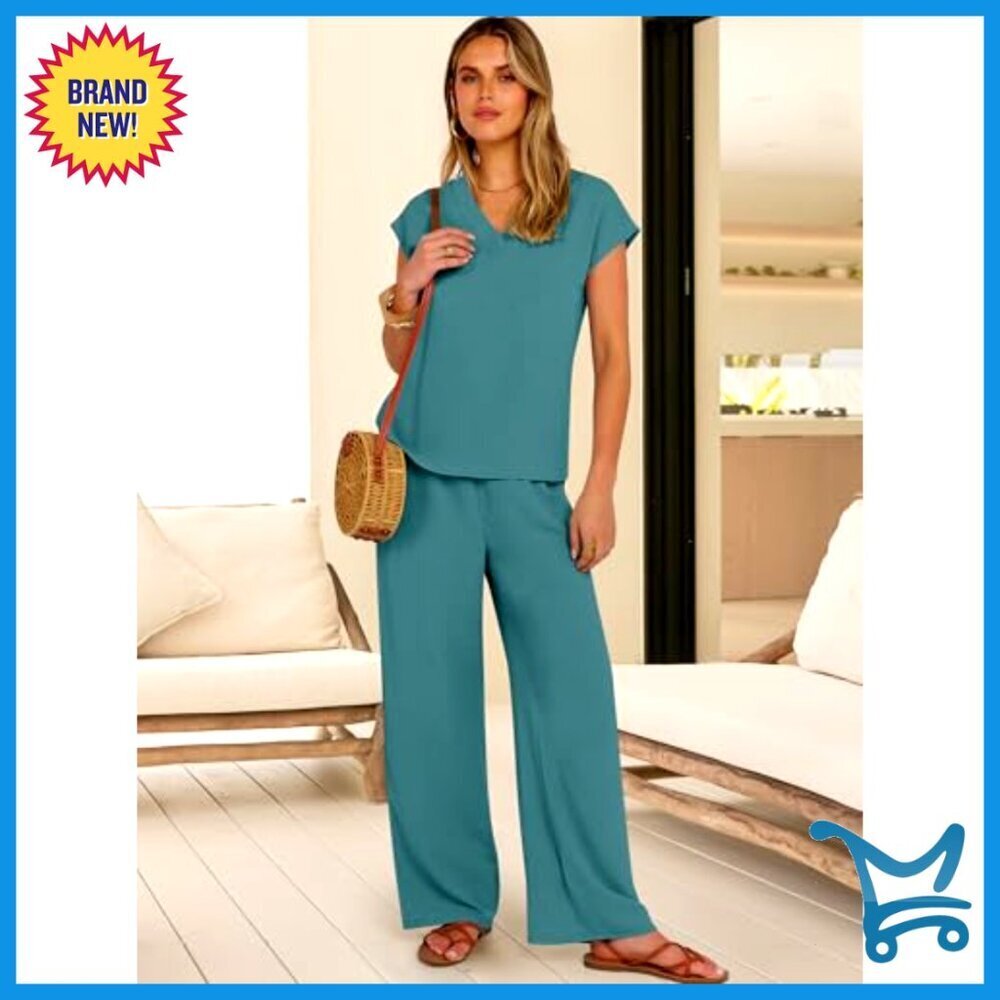 V Neck Cap Sleeve Top Wide Leg Pants Lounge Set Loose Fit Travel Outfit - Picture 3 of 7